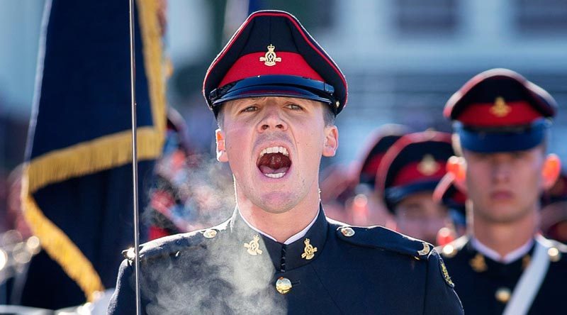 An Officer Cadet from the Royal Military College – Duntroon commands his company during the 2019 mid-year graduation parade. Photo by Corporal Tristan Kennedy.