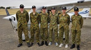 Northern squadron air experience participants at Gawler Airfield (left to right): LCDT James Chant, CDT Zac Baker, CDT Lorry Bonnett, LCDT Tom Shaw, LCDT Kira Scott-Halliday and CSGT Chevvy Dolan.