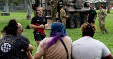 Major Matthew Daniell, from the 2nd Cavalry Regiment, briefs participants of the Proud Warrior youth engagement program at Lavarack Barracks. Story by Captain Lily Charles. Photo by Corporal Brandon Grey.