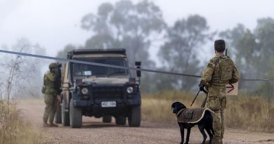 Sapper Aidan Jones and his explosive detection dog, Yambo, during Exercise Brolga Run 2024 in Townsville Field Training Area, Queensland. Photo by Captain Brittany Evans.