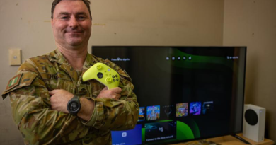 Army Chaplain James Hall, of 6th Battalion, the Royal Australia Regiment, in the unit's social gaming hub at Gallipoli Barracks, with equipment donated by Veteran Gaming Australia. Story and photo by Corporal Michael Rogers.
