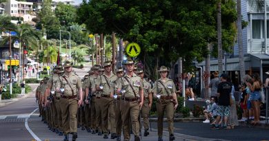 Australian Army officers and soldiers from 3rd Combat Engineer Regiment march in the streets of Airlie Beach while exercising their Freedom of Entry Parade. Photo by Trooper Dana Millington.