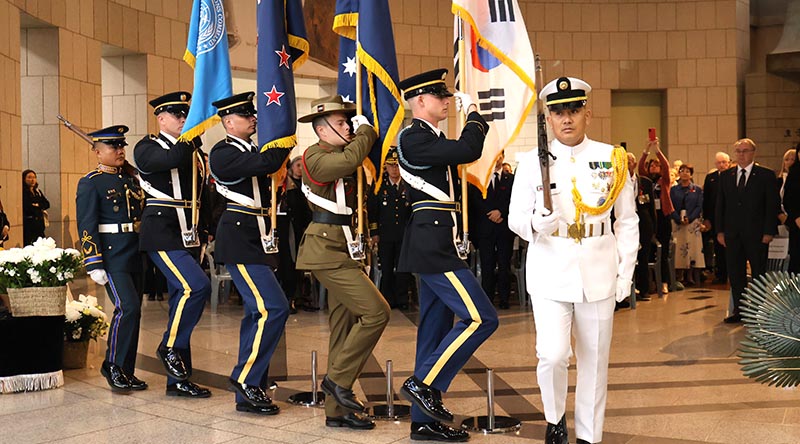 Private Kieran Findlay in the United Nations Command Honor Guard at an Anzac Day Dawn Service at the War Memorial of Korea.