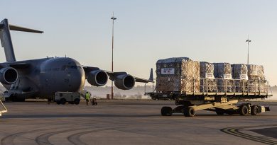 Pallets of aid from Australia and the United Kingdom bound for Enga Province in Papua New Guinea wait to be loaded onto a C-17A Globemaster III at RAAF Base Amberley. Photo by Corporal Brett Sherriff.