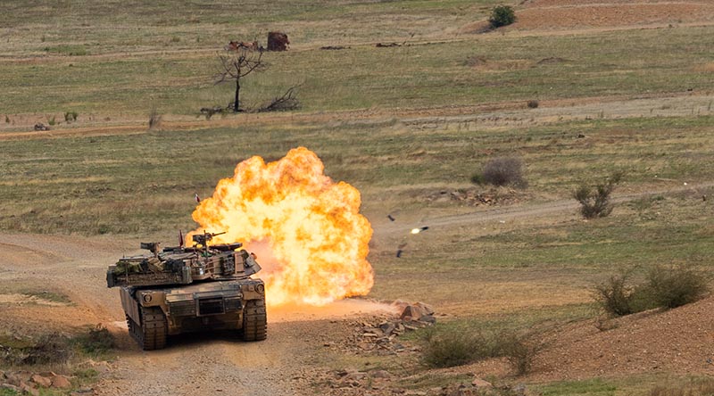 An Australian Army M1A1 Abrams fires its 120mm cannon during a live-fire serial for the Coral Balmoral Cup 2024 at the Puckapunyal Military Area, Victoria. Photo by Corporal Johnny Huang.