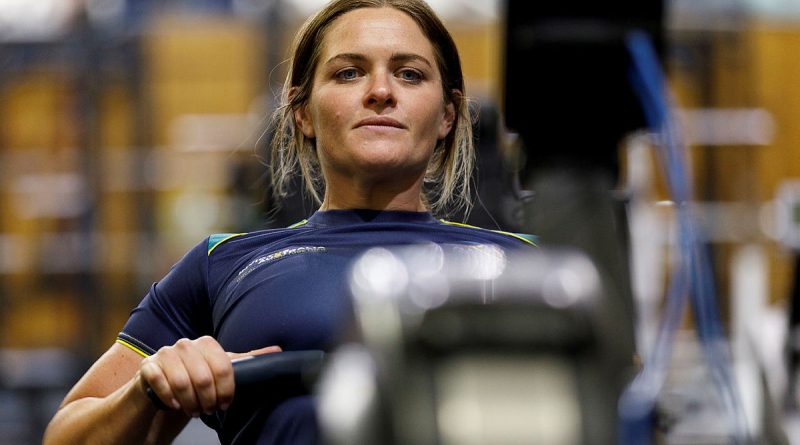 Lieutenant Kirby Watts trains for rowing events during the Warrior Games 2024 Team Australia training camp at the Australian Institute of Sport in Canberra. Story by Flying Officer Tina Langridge. Photo by Chief Petty Officer Paul Berry.