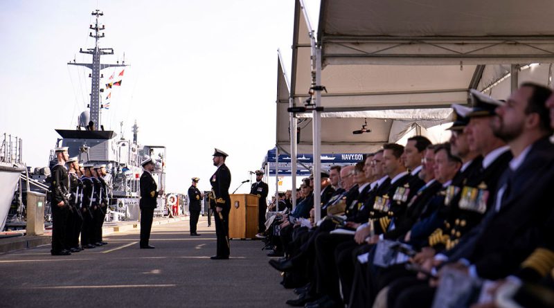 Current and former crew members of HMAS Huon gather for the ship's decommissioning ceremony at HMAS Waterhen, NSW. Story by Lieutenant Madelyn Hanna. Photo by Leading Seaman David Cox.