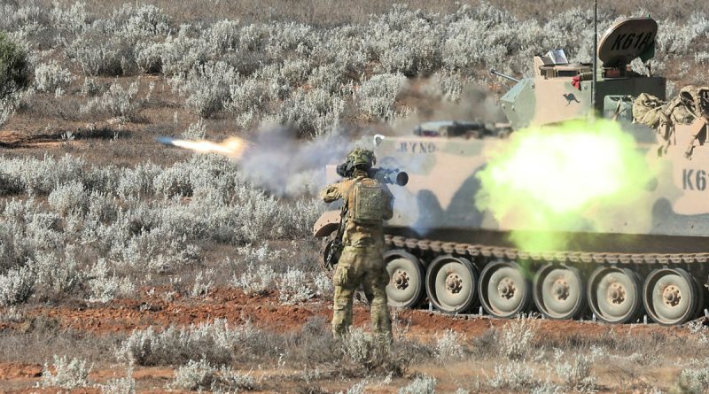 An Australian Army soldier fires an M3 Carl Gustav during the culminating activity on Exercise Rhino Run at Cultana Training Area, South Australia. Story by Captain Peter March. Photo by Sergeant Peng Zhang.