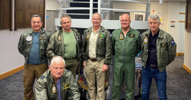 Air Force aviators reunite 40 years after graduation. Rear, from left: Squadron Leader Michael Spencer, Squadron Leader (retd) Geoffrey Menzies, Wing Commander (retd) Gavin Small, Flight Lieutenant (retd) Russell Lucas, Group Captain (retd) John Heinrich and (front) Wing Commander Michael Hicks. Story by Corporal Melina Young.