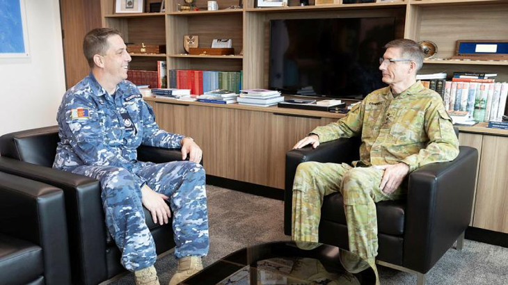 Senior Enlisted Advisor to the Chief of Defence Force Warrant Officer Ken Robertson talks with Chief of Defence Force General Angus Campbell. Story and photo by Sergeant Matthew Bickerton.