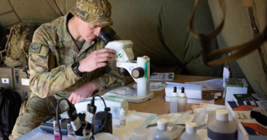 Army environmental health officer Lieutenant Joel Bright, of the 3rd Health Battalion, at his field laboratory during Exercise Rhino Run at Cultana Training Area, South Australia. Story and photo by Sergeant Matthew Bickerton.