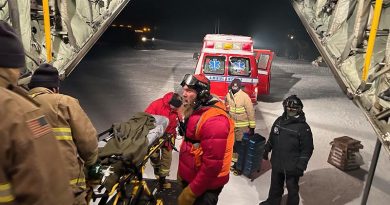 A staff member from the United States’ McMurdo Station in Antarctica is boarded onto a Royal New Zealand Air Force C-130H to be flown to Christchurch for medical treatment. Photo supplied by McMurdo Station staff.