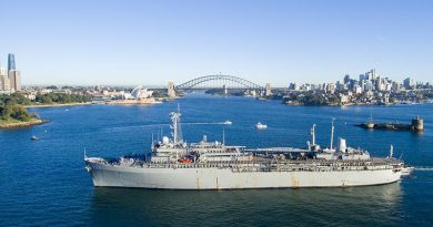 United States Navy submarine tender, USS Emory S. Land arrives at Fleet Base East, Sydney, as part of its Australia tour. Photo by Warrant Officer Shane Cameron.