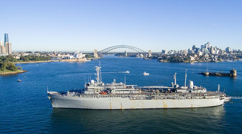 United States Navy submarine tender, USS Emory S. Land arrives at Fleet Base East, Sydney, as part of its Australia tour. Photo by Warrant Officer Shane Cameron.
