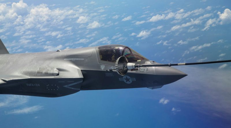 A US Marine Corps F-35B Lightning II from Marine Fighter Attack Squadron 214 is refuelled by a RAAF 33 Squadron KC-30A Multi Role Tanker Transport aircraft over the Pacific ocean in transit to Australia. Photo: USMC Corporal Nicholas Johnson