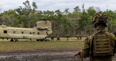 Australian Army soldiers practice offloading from a United States Army Reserve CH-47 Chinook in preparation for an insertion into the Field Training Exercise during Exercise Keris Strike in Sabah, Malaysia. Story and photo by Lieutenant Chloe Reay.