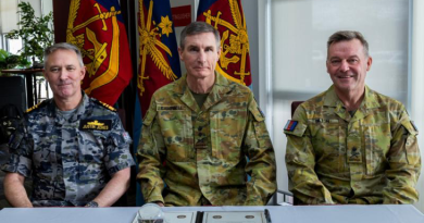 From left, Vice Admiral Justin Jones, RAN, Chief of the Defence Force General Angus Campbell and Lieutenant General Greg Bilton during the Headquarters Joint Operations Command handover ceremony at General John Baker Complex, Bungendore, on July 5. Story by Corporal Michael Rogers. Photo by Sergeant Sagi Biderman.