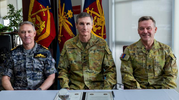 From left, Vice Admiral Justin Jones, RAN, Chief of the Defence Force General Angus Campbell and Lieutenant General Greg Bilton during the Headquarters Joint Operations Command handover ceremony at General John Baker Complex, Bungendore, on July 5. Story by Corporal Michael Rogers. Photo by Sergeant Sagi Biderman.