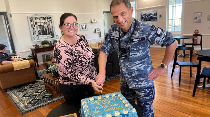 RAAF Base Townsville base manager Jacinta Wallace, left, and Acting Senior ADF Officer RAAF Base Townsville Wing Commander Paul Howell at the official opening of the new AAFCANS café in Building 53.