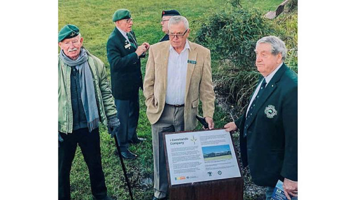 Former members of 1 Commando Company, from left, National Secretary Airborne and Special Forces Association Pat Doherty, President 1 Commando Association Merv Liddell and Chairman of Operation Pilgrimage Group Allan Miles at the unveiling of the new heritage marker at the company barracks, Georges Heights, Sydney. Story by Corporal Michael Rogers.