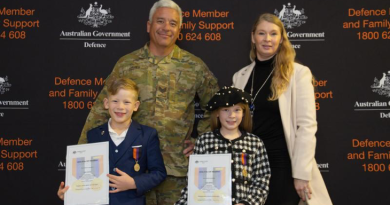 Parents, Sergeant Kim and Mrs Clare James with their kids, displaying their Child of ADF Medallions and certificates. Story by Ben Wickham. Photos by Ben Wickham.