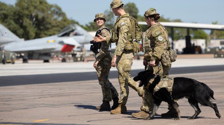 From left, a Royal Air Force corporal, Royal Australian Air Force Leading Aircraftman Benjamin Selwood, Royal New Zealand Air Force Corporal Rikki Rawleigh and Patrol Dog McClane patrol the apron at RAAF Base Darwin during Exercise Pitch Black 24. Story by Flight Lieutenant Imogen Lunny. Photos by Leading Aircraftwoman Maddison Scott.