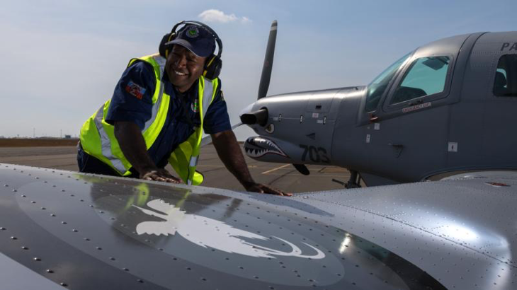 Papua New Guinea Defence Force (PNGDF) Aircraft Engineer Joshua Magun, of Air Transport Wing, inspects a PNGDF PAC P-750XL prior to a sortie during Exercise Pitch Black. Story by Flight Lieutenant Matthew Edwards. Photos by Sergeant David Gibbs.