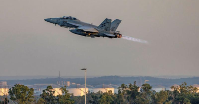 A RAAF FA-18F Super Hornet aircraft departs RAAF Base Darwin for a night flying mission as part of Exercise Pitch Black 2024. Story by Flight Lieutenant Imogen Lunny. Photo by Leading Aircraftwoman Annika Smit.