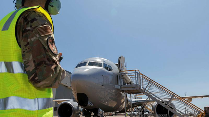 Staff Sergeant Ian McLain from the United States Air Force monitors the E-7A Wedgetail from 2 Squadron before its next mission during Exercise Pitch Black 24. Story by Flight Lieutenant Matthew Edwards. Photos by Sergeant David Gibbs.