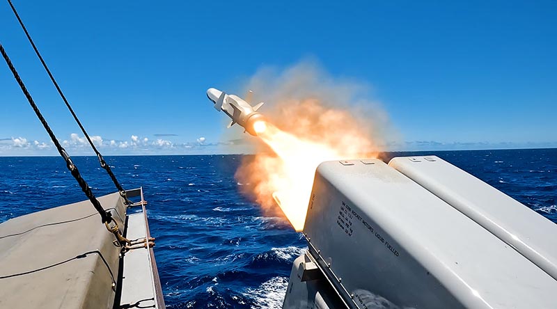 HMAS Sydney fires Royal Australian Navy’s first Naval Strike Missile during a SINKEX off the coast of Oahu, Hawaii,as a part of Exercise Rim of the Pacific (RIMPAC) 2024. Photo by Leading Seaman Daniel Goodman.