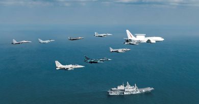 A Royal Australian Air Force E-7A Wedgetail leads a formation of aircraft past the Italian Navy aircraft carrier ITS Cavour during Exercise Pitch Black 2024. Story by Squadron Leader Eamon Hamilton. Photo by Corporal Samuel Miller.