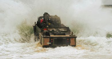 A LARC-V launches into the surf as part of littoral training at Rainbow Beach, Queensland. Story and photos by Captain Joanne Leca.