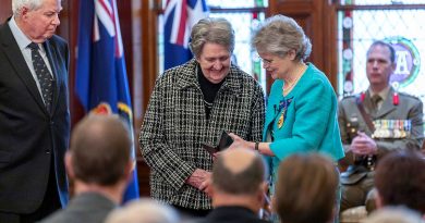 Governor of South Australia Frances Adamson, right, presents Elizabeth Buchanan with a Medal for Gallantry, which was posthumously awarded to her father, the late Pilot Officer Warren Frank Cowan, for his actions on July 22, 1942. Story by Flight Lieutenant Robert Cochran. Photos by Sergeant David Cotton.