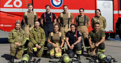 Firefighters from the Royal Air Force, RAAF and Royal New Zealand Air Force at RAAF Base Amberley, Queensland. Story by Flight Lieutenant Annabel Francis-Jones. Photo by Aircraftwoman Campbell Latch.