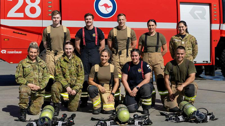 Firefighters from the Royal Air Force, RAAF and Royal New Zealand Air Force at RAAF Base Amberley, Queensland. Story by Flight Lieutenant Annabel Francis-Jones. Photo by Aircraftwoman Campbell Latch.