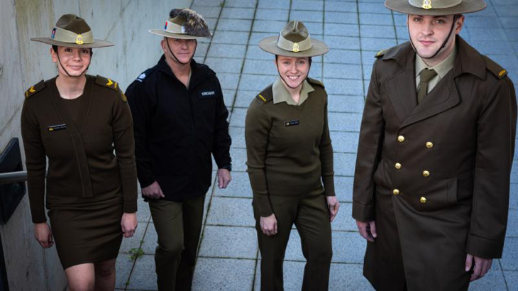 Army soldiers wear the new winter uniforms around Russell Offices in Canberra. Photo by Corporal Cameron Pegg.