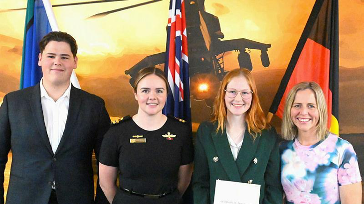 Three members of the Pearn family with a Navy officer at the ADF Careers Centre, Wollongong. From left, Sub-Lieutenant Rhys Pearn, Lieutenant Jordie McLeod, Recruit Breanna Pearn and Leading Seaman Vicki Pearn. Story by Corporal Luke Bellman.