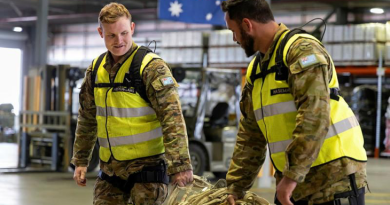 Leading Aircraftman Brandan Preston-Laws, left, and Aircraftman Luke Hasemann, of 23 Squadron, move equipment around while testing the Apex 2 exoskeleton at RAAF Base Amberley. Story by Sergeant Matthew Bickerton. Photo by Leading Aircraftwoman Taylor Anderson.