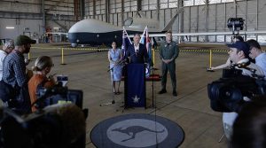 Christine Zeitz, Richard Marles and Air Marshal Stephen Chappell formally introduce the MQ-4C Triton aircraft into the Royal Australia Air Force fleet at RAAF Base Tindal, Northern Territory. Photo by Kym Smith.