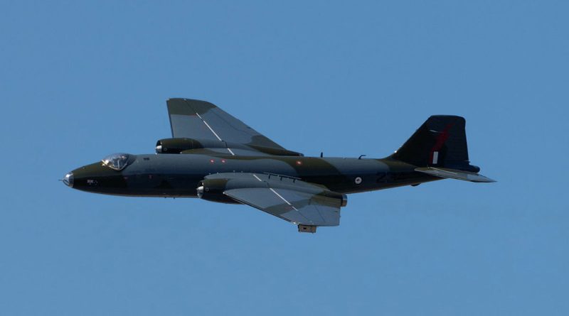 100 Squadron English Electric Canberra bomber TT heritage aircraft flies over the Amberley Aviation Heritage Centre in Queensland. Story by Flight Lieutenant Kristi Adam. Photo by Aaron Turvey.