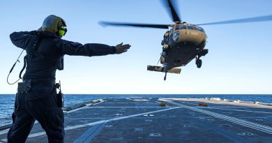 An Army UH-60M Black Hawk conducts deck landings during first-of-class flight trials on board Navy’s multi-role aviation training vessel MV Sycamore in Jervis Bay. Story by Major Cameron Jamieson. Photos by Private Alex Brown.