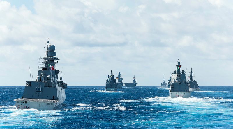 Navies from Australia, France, Germany, Italy and Japan conduct a formation foxtrot during multinational task group activities. Story by Lieutenant Tahlia Merigan. Photos by Leading Seaman Daniel Goodman.