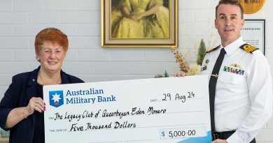 Commanding Officer HMAS Harman Commander Glyn Hunter presents Legacy Club of Queanbeyan-Eden-Monaro president Suzanne McInnes with a cheque during a morning tea at the Legacy Club of Queanbeyan-Eden-Monaro, NSW. Photos by Corporal Jacob Joseph.