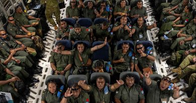 Members of the Republic of Fiji Military Forces aboard a RAAF C-17 Globemaster for the final leg of their journey home from the UN Assistance Mission for Iraq. Story and photos Corporal Michael Rogers.