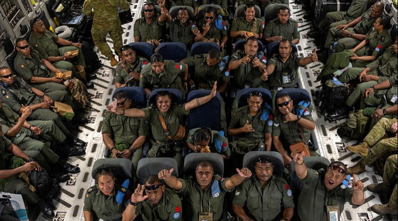 Members of the Republic of Fiji Military Forces aboard a RAAF C-17 Globemaster for the final leg of their journey home from the UN Assistance Mission for Iraq. Story and photos Corporal Michael Rogers.