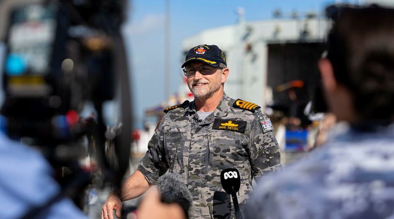 Navy officer Captain Dave Tietzel, the Exercise Director for Exercise Kakadu 2024, addresses the media during a media doorstop at HMAS Coonawarra, NT. Story by Flying Officer Shanea Zeegers. Photos by Leading Aircraftwoman Aiesha White-Kratz.