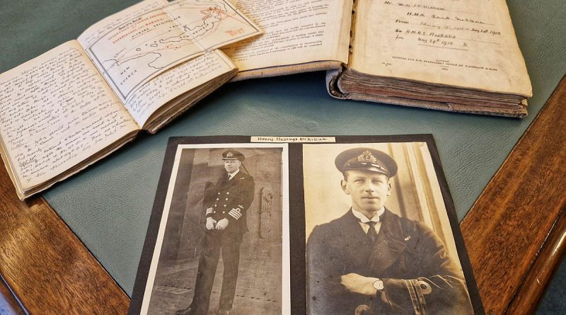 Photos of Lieutenant McWilliam, foreground right, and Captain McWilliam, foreground left; his diary, back left, and his midshipman’s journal, back right. Story and photo by Lieutenant Commander John Thompson.