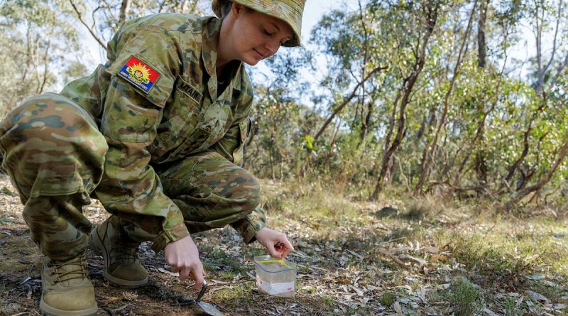 Army officer Captain Alison Mountain, of the Unrecovered War Casualties – Army Unit, tests some samples of soil in Canberra, ACT. Story. by Flight Lieutenant Marina Power. Photos by Corporal Cameron Pegg.