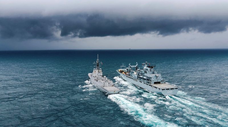 HMAS Sydney and German Navy's FGS Frankfurt am Main conduct a replenishment at sea as the ships conduct cooperation activities in the Yellow Sea during Operation Argos. Story by Lieutenant Tahlia Merigan. Photos by Leading Seaman Jarrod Hall.