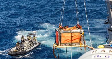 The stores dropped by the RAAF C-27J Spartan are craned onto HMAS Warramunga's deck during Exercise Kakadu 24. Story by Lieutenant Marie Davies. Photo by Midshipman Joshua Breedon.